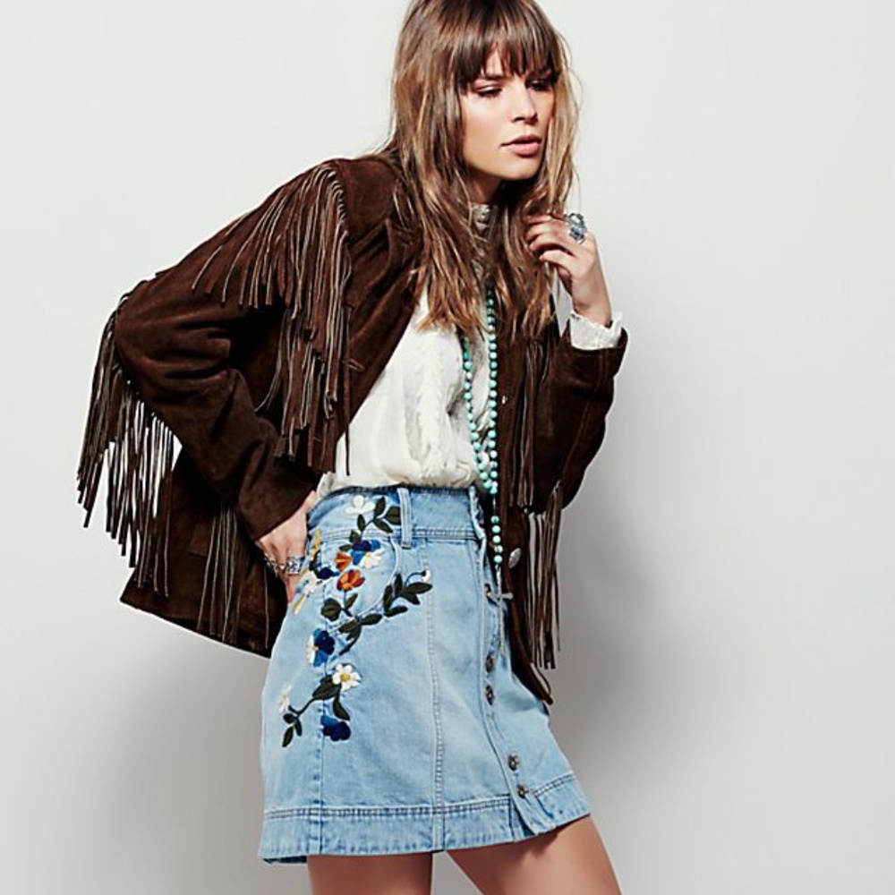 Free People Jackson Embroidered Denim Skirt 30